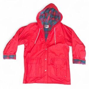 Vintage 90s OutBrook Red Waterproof Button Down Rain Jacket Coat with Hood Sz Sm